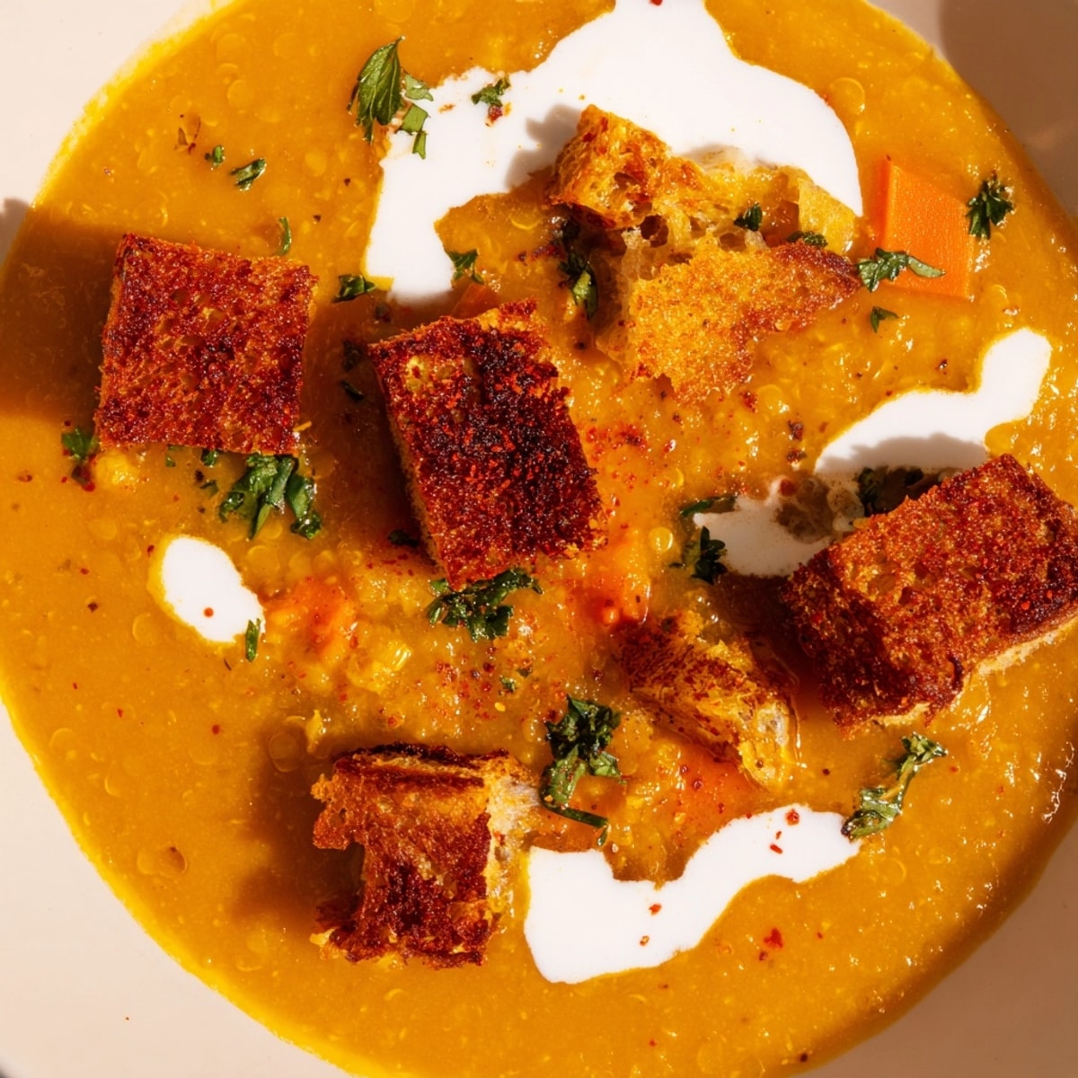 Samtige Pumpkin and Lentil Soup mit knusprigen Croutons: ein wärmendes Herbstrezept.