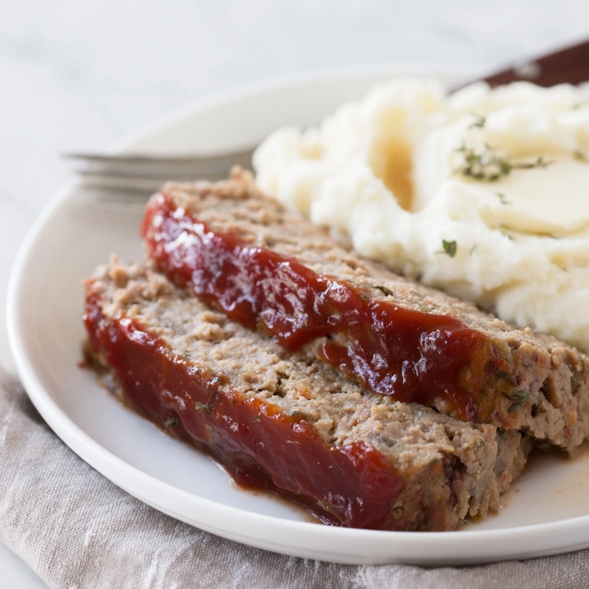 Saftiger Meatloaf-Rezept mit cremigen, buttrigen Kartoffelpüree auf dem Teller.  