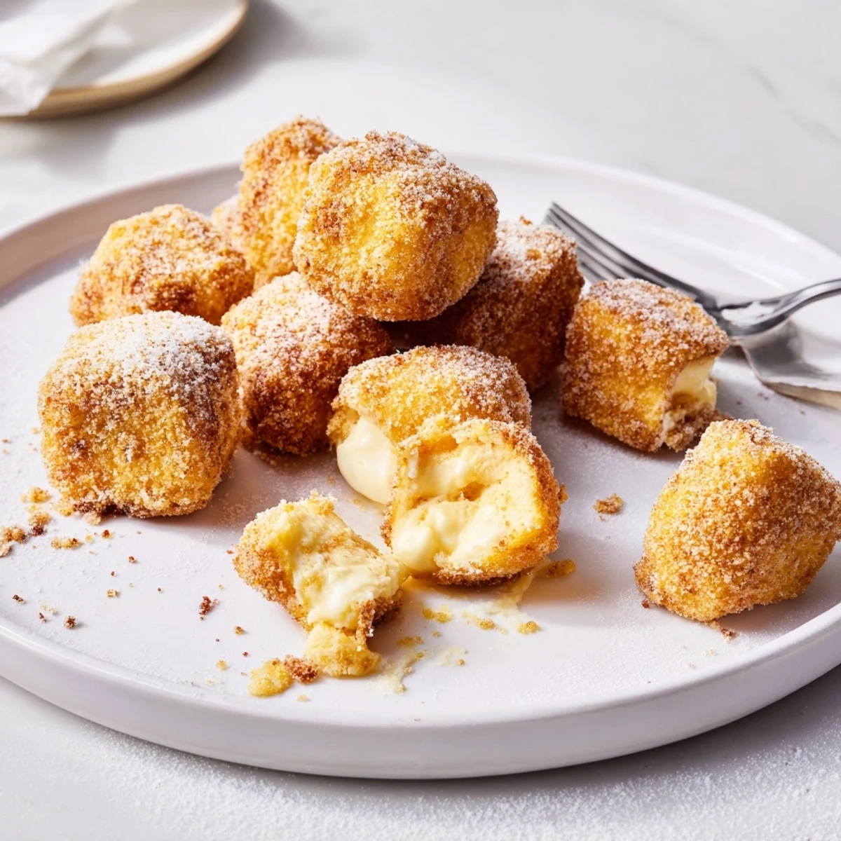 Köstliche Quark-Cheesecake-Nuggets mit goldener Kruste und zartem Inneren.  