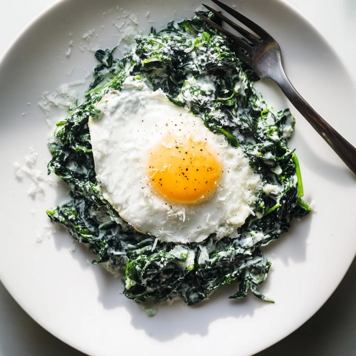 Cremiger Spinat mit knusprigem Ei, perfekt für ein herzhaftes Frühstück.  