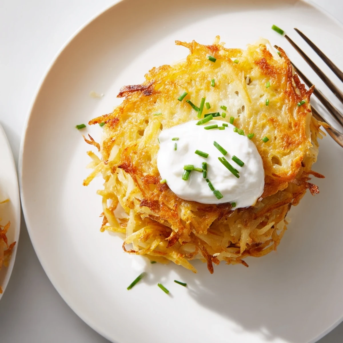 Krosse, goldene Kartoffelpuffer mit einer Portion frischer, cremiger saurer Sahne.  