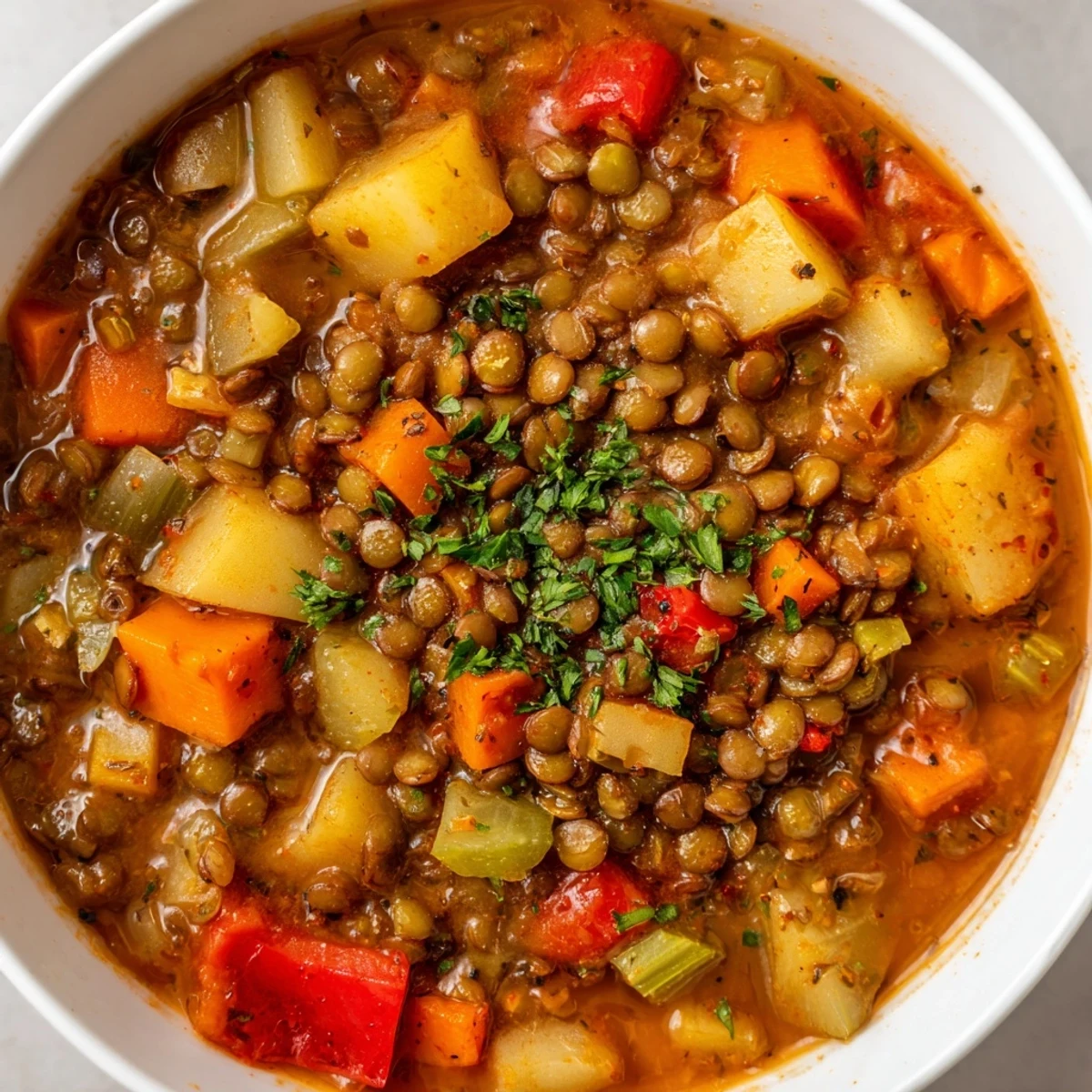 Ein herzhaftes One-Pot-Linsen-Eintopf mit buntem Gemüse und Gewürzen.  