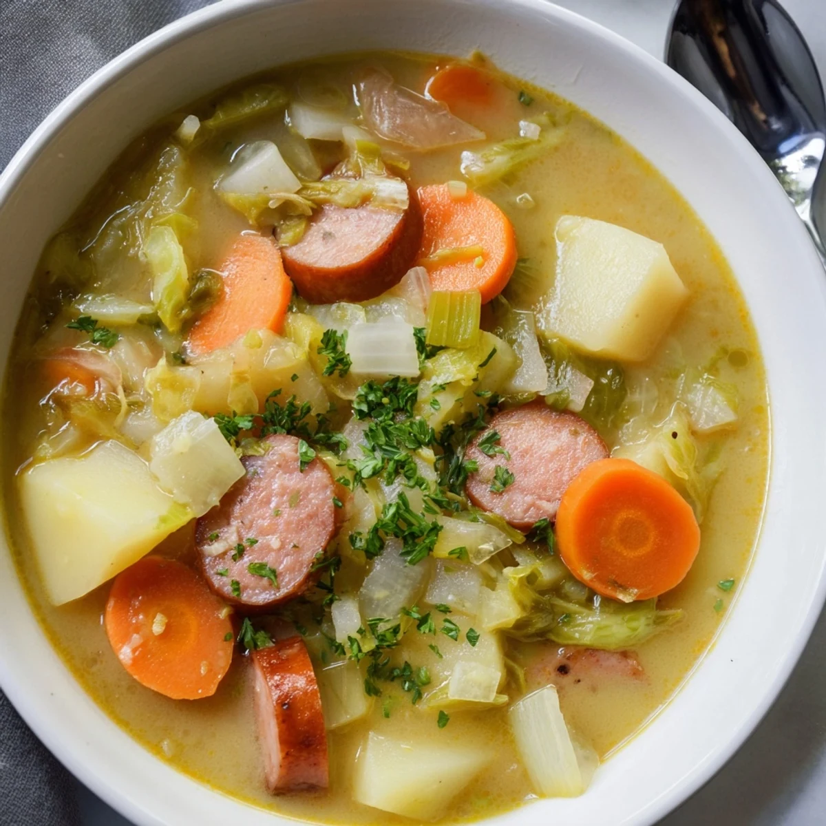 Wärmende deutsche Kartoffelsuppe mit frischen Gemüse und cremiger Konsistenz, perfekt zum Servieren.