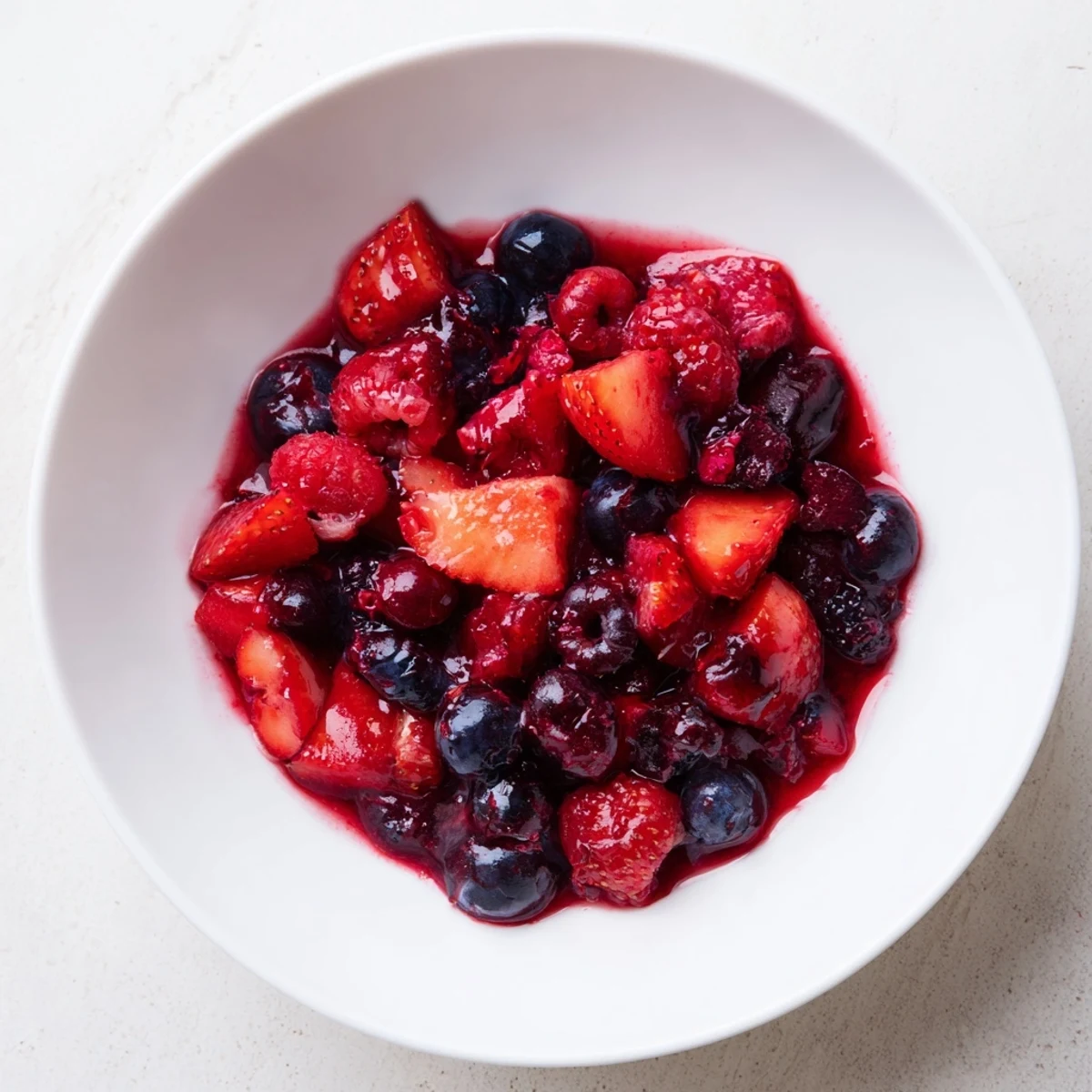 Schüssel voller frisch gekochtem Beerenkompott, perfekt zum Löffeln oder über Eis.