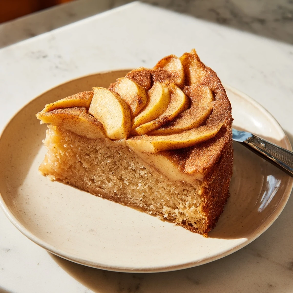 Saftiger deutscher Apfelkuchen mit warmen Gewürzen und zarten Apfelscheiben.