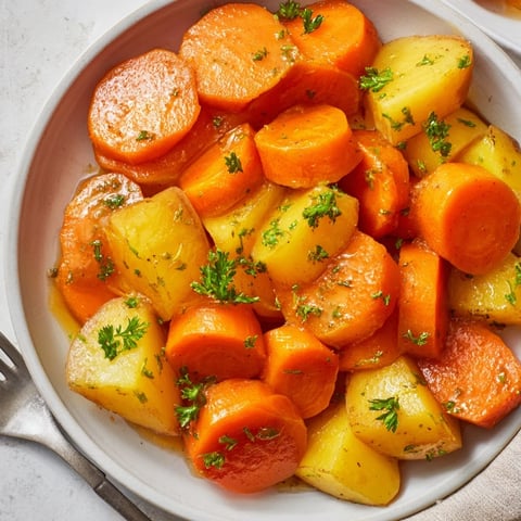 Zarte, honigglasierte Karotten und Kartoffeln in einer bunten Schüssel serviert.  
