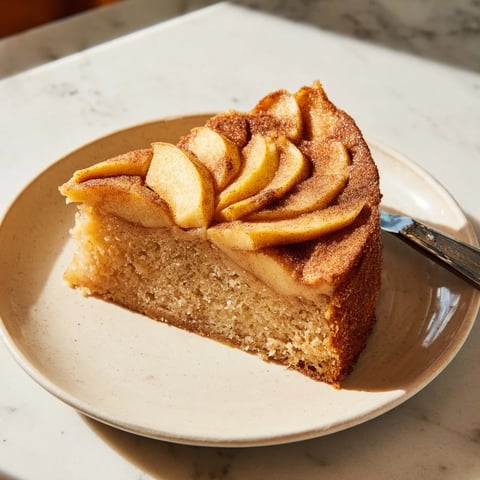 Saftiger deutscher Apfelkuchen mit warmen Gewürzen und zarten Apfelscheiben.